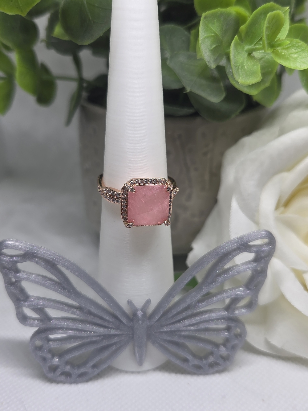 BP Rose Gold Pink Quartz Square Stone Ring for Women